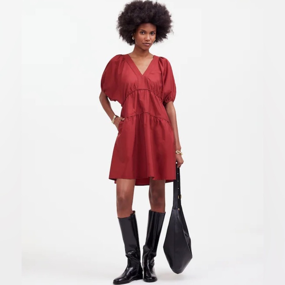 NWT Madewell Puff-Sleeve Mini Dress cotton Red Poplin M
